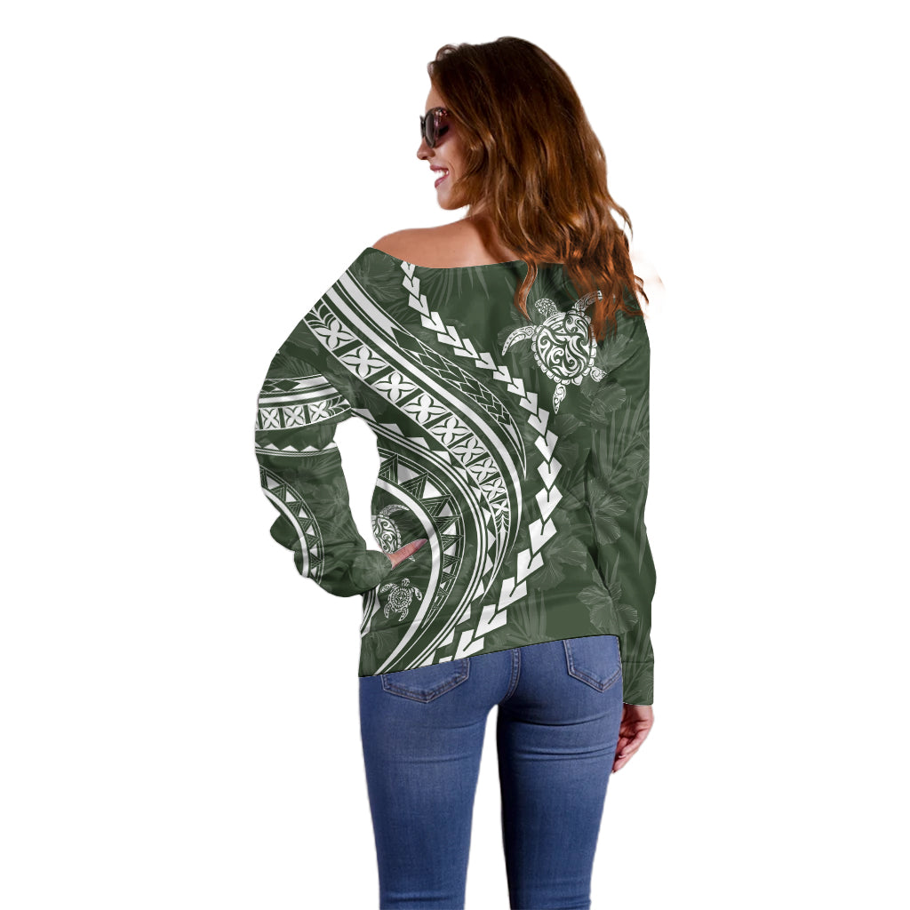 Polynesian Pride Off Shoulder Sweater Turtle Hibiscus Luxury Style - Sage LT7 - Polynesian Pride