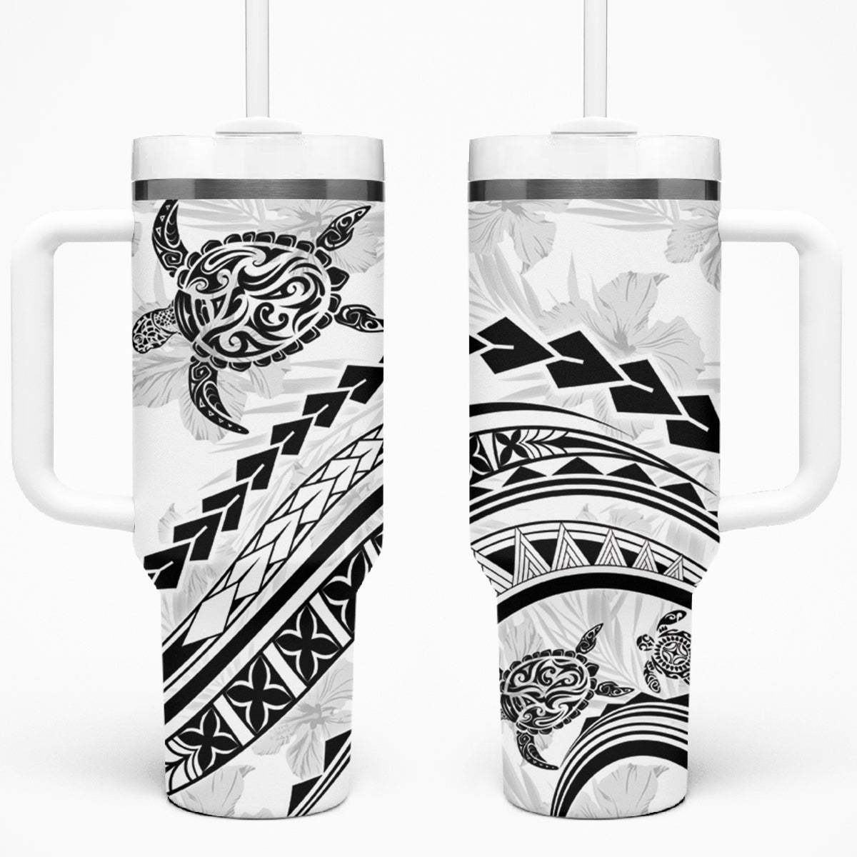 Polynesian Pride Tumbler With Handle - Turtle Hibiscus Luxury Style White LT7 One Size: 40 oz White - Polynesian Pride
