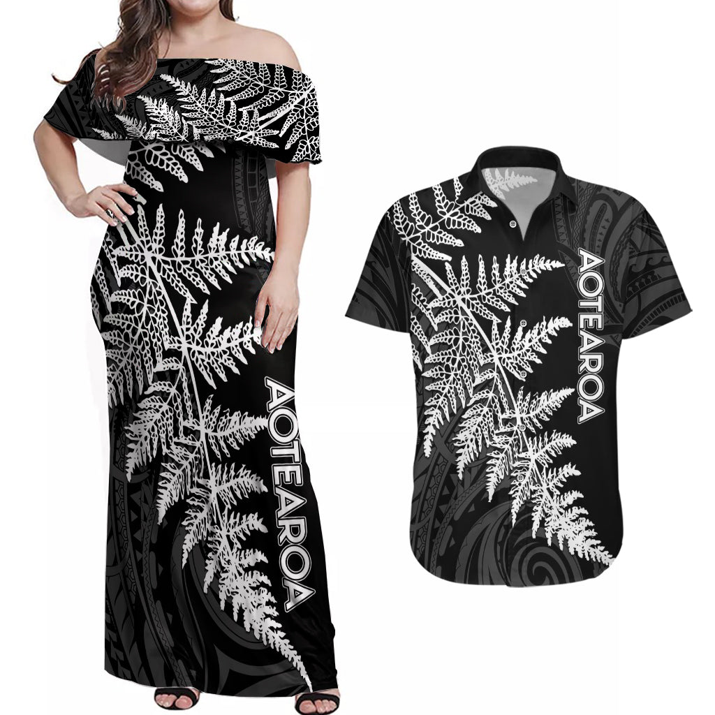 Personalised New Zealand Rugby Couples Matching Off Shoulder Maxi Dress and Hawaiian Shirt World Cup 2023 Silver Fern Champions LT7 Black - Polynesian Pride