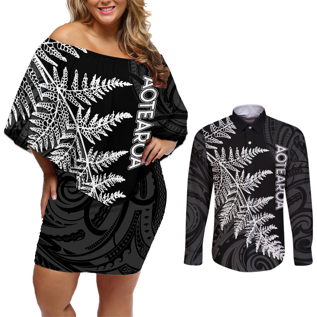 Personalised New Zealand Rugby Couples Matching Off Shoulder Short Dress and Long Sleeve Button Shirts World Cup 2023 Silver Fern Champions LT7 Black - Polynesian Pride