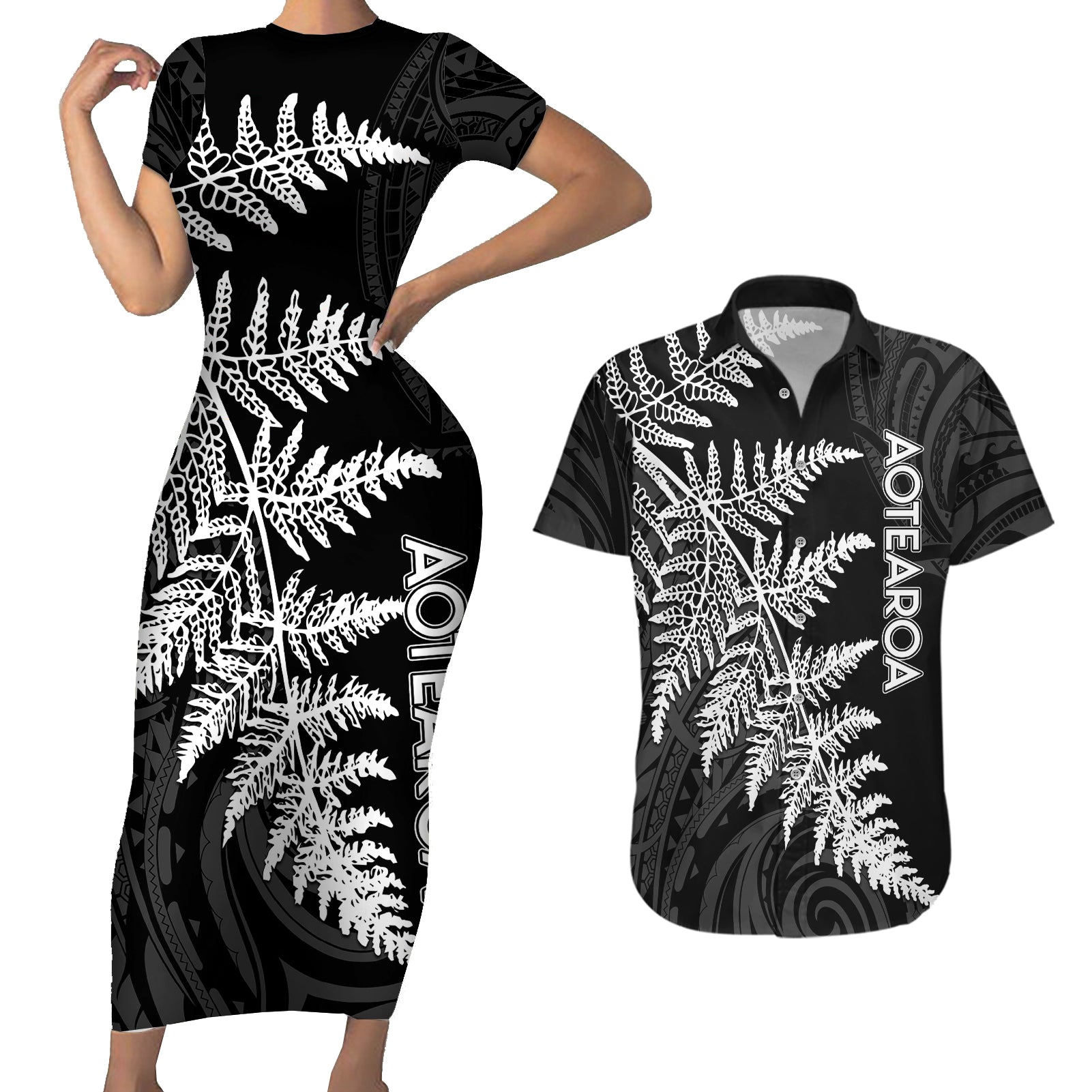 Personalised New Zealand Rugby Couples Matching Short Sleeve Bodycon Dress and Hawaiian Shirt World Cup 2023 Silver Fern Champions LT7 Black - Polynesian Pride