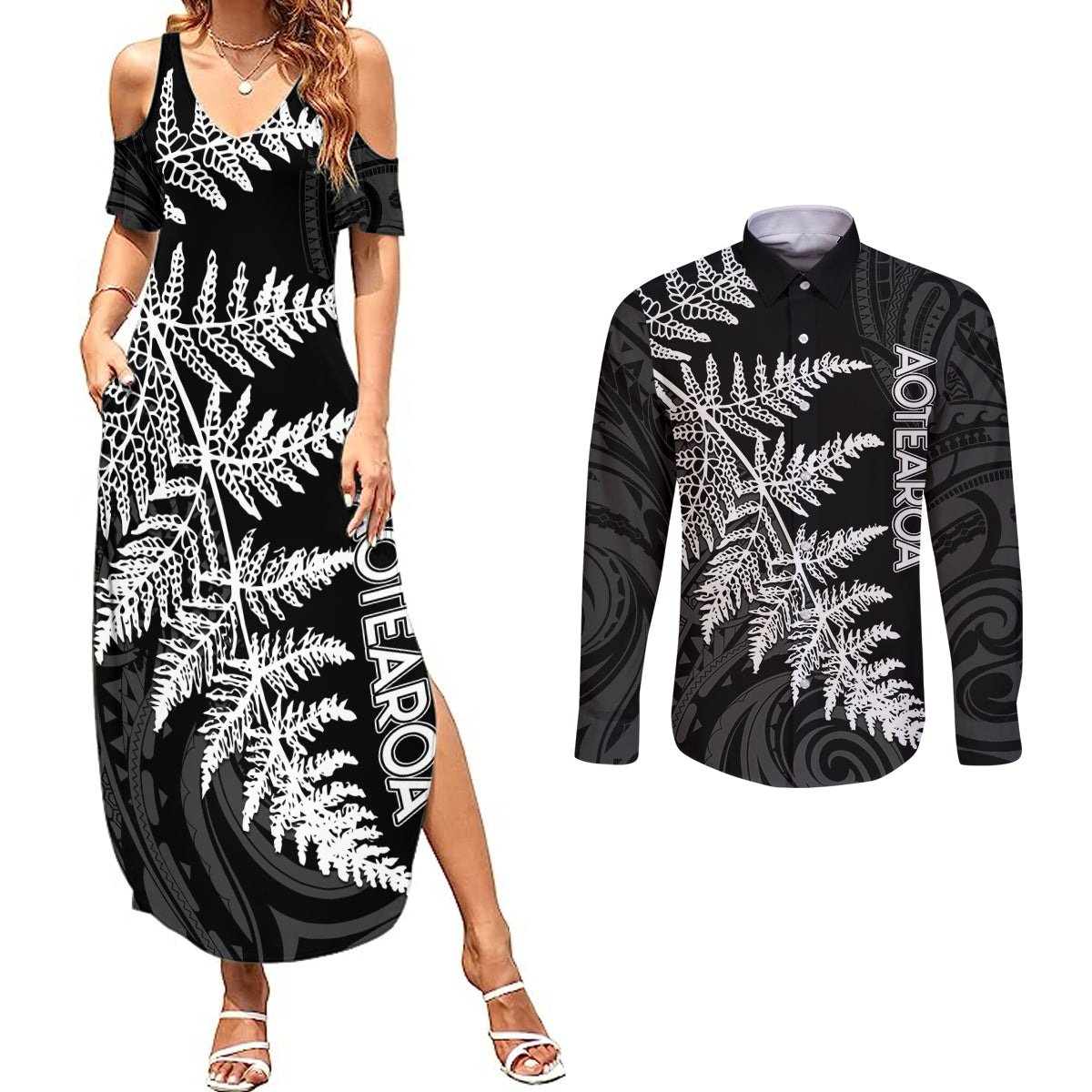 Personalised New Zealand Rugby Couples Matching Summer Maxi Dress and Long Sleeve Button Shirts World Cup 2023 Silver Fern Champions LT7 Black - Polynesian Pride