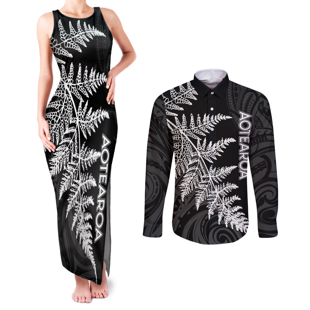 Personalised New Zealand Rugby Couples Matching Tank Maxi Dress and Long Sleeve Button Shirts World Cup 2023 Silver Fern Champions LT7 Black - Polynesian Pride