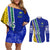 Personalised Fiji Natabua High School Couples Matching Off Shoulder Short Dress and Long Sleeve Button Shirts Kaviti Tapa Mix Colors Proud NHS LT7 Blue - Polynesian Pride