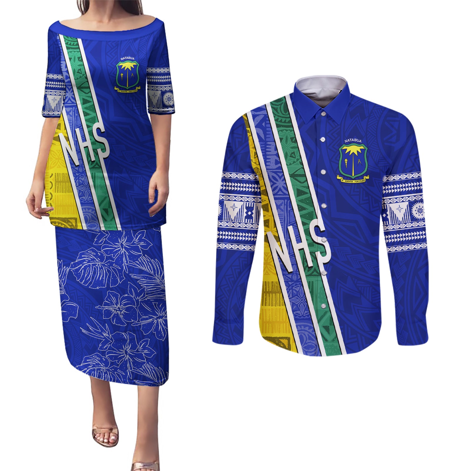 Personalised Fiji Natabua High School Couples Matching Puletasi Dress and Long Sleeve Button Shirts Kaviti Tapa Mix Colors Proud NHS LT7 Blue - Polynesian Pride