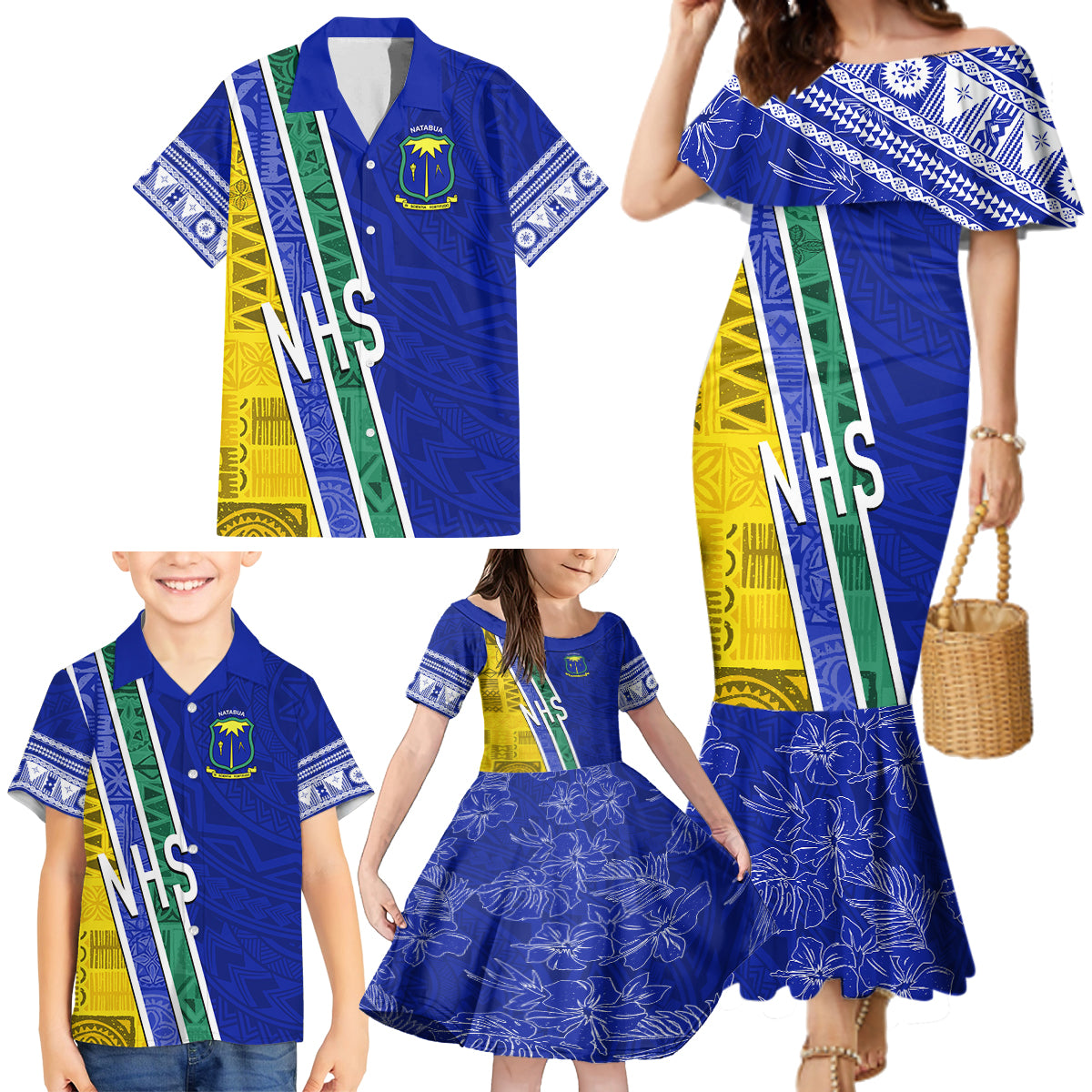 Personalised Fiji Natabua High School Family Matching Mermaid Dress and Hawaiian Shirt Kaviti Tapa Mix Colors Proud NHS LT7 - Polynesian Pride