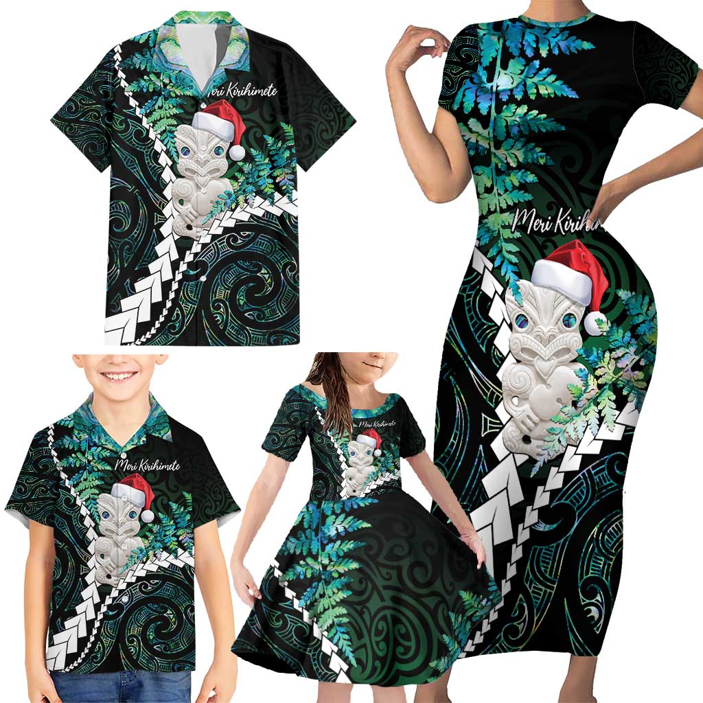 New Zealand Personalised Family Matching Short Sleeve Bodycon Dress and Hawaiian Shirt Meri Kirihimete Kowhaiwhai Mix Paua Shell - Emerald