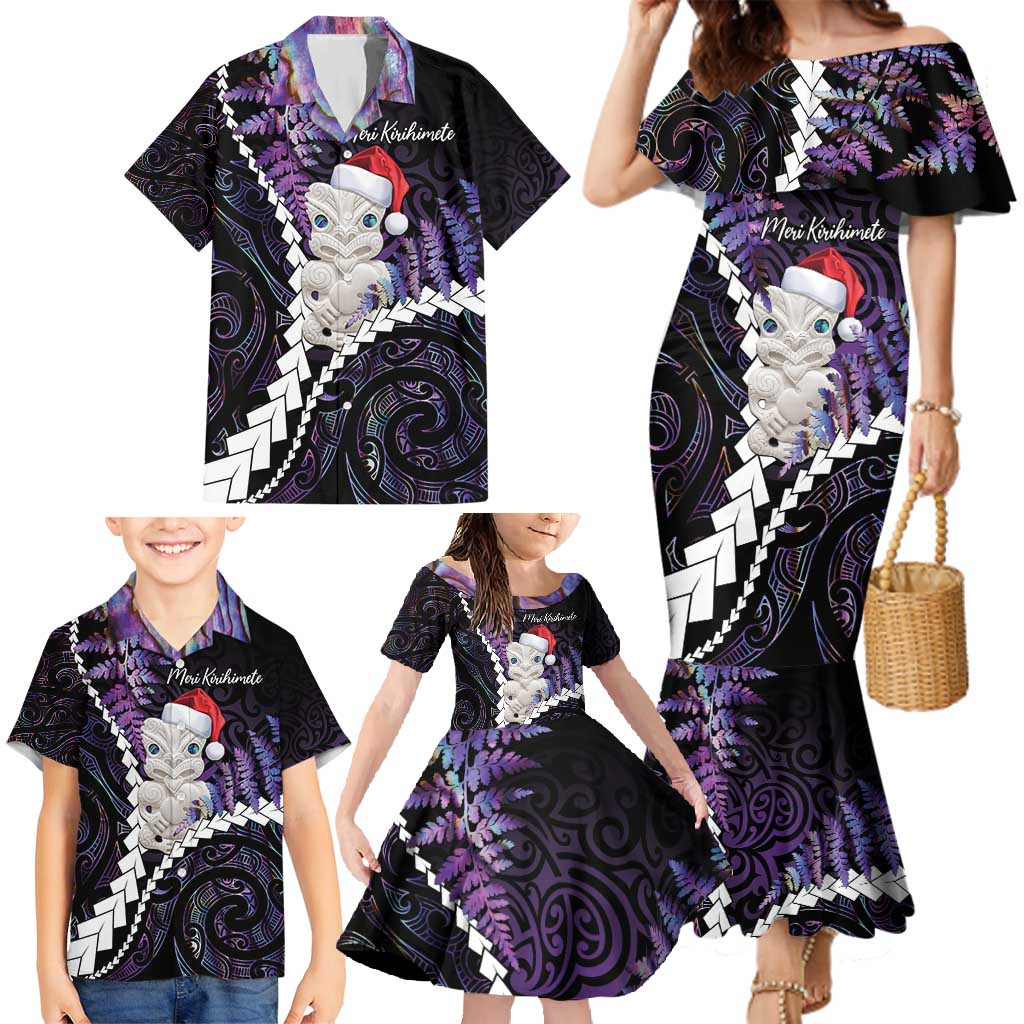 New Zealand Personalised Family Matching Mermaid Dress and Hawaiian Shirt Meri Kirihimete Kowhaiwhai Mix Paua Shell - Amethys