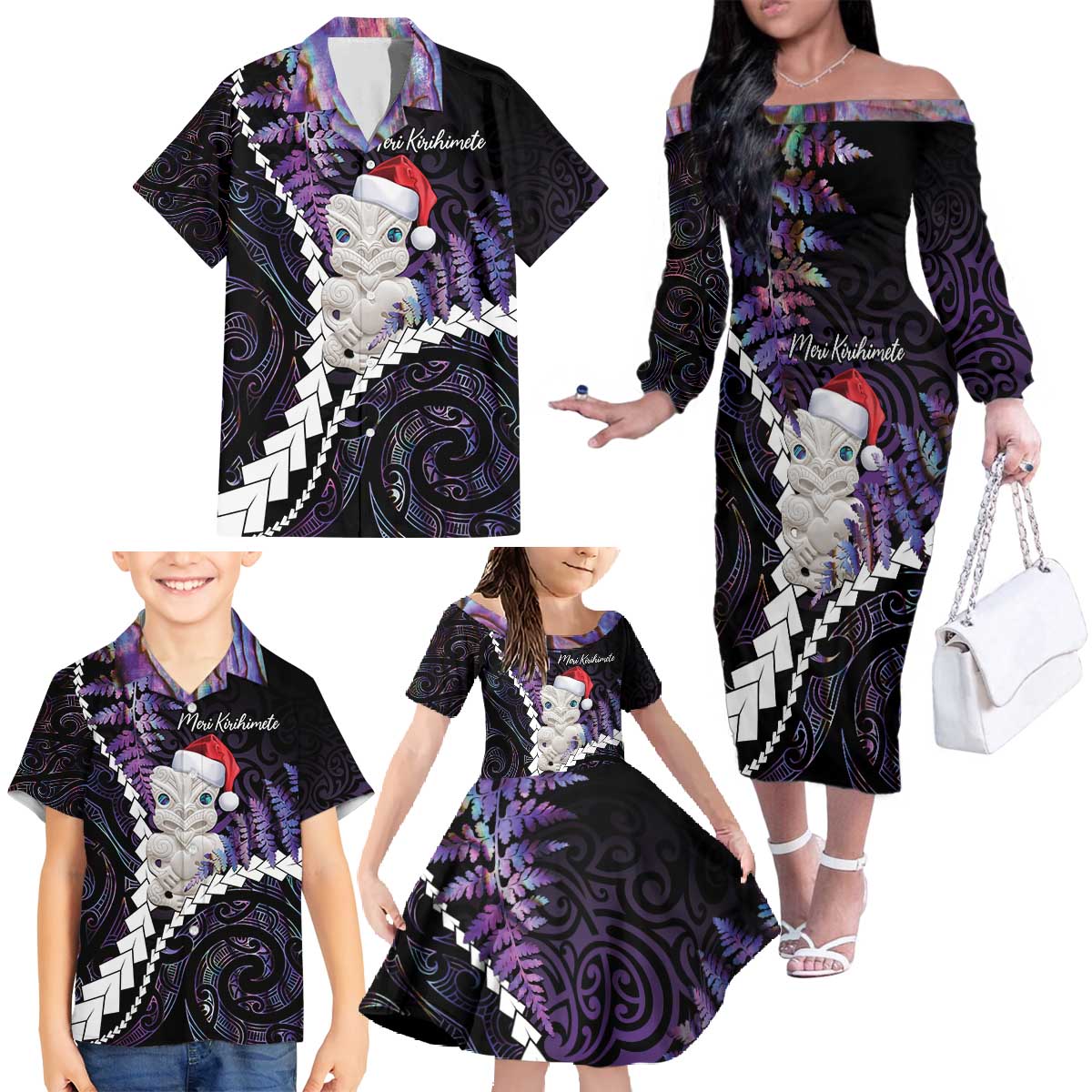 New Zealand Personalised Family Matching Off The Shoulder Long Sleeve Dress and Hawaiian Shirt Meri Kirihimete Kowhaiwhai Mix Paua Shell - Amethys