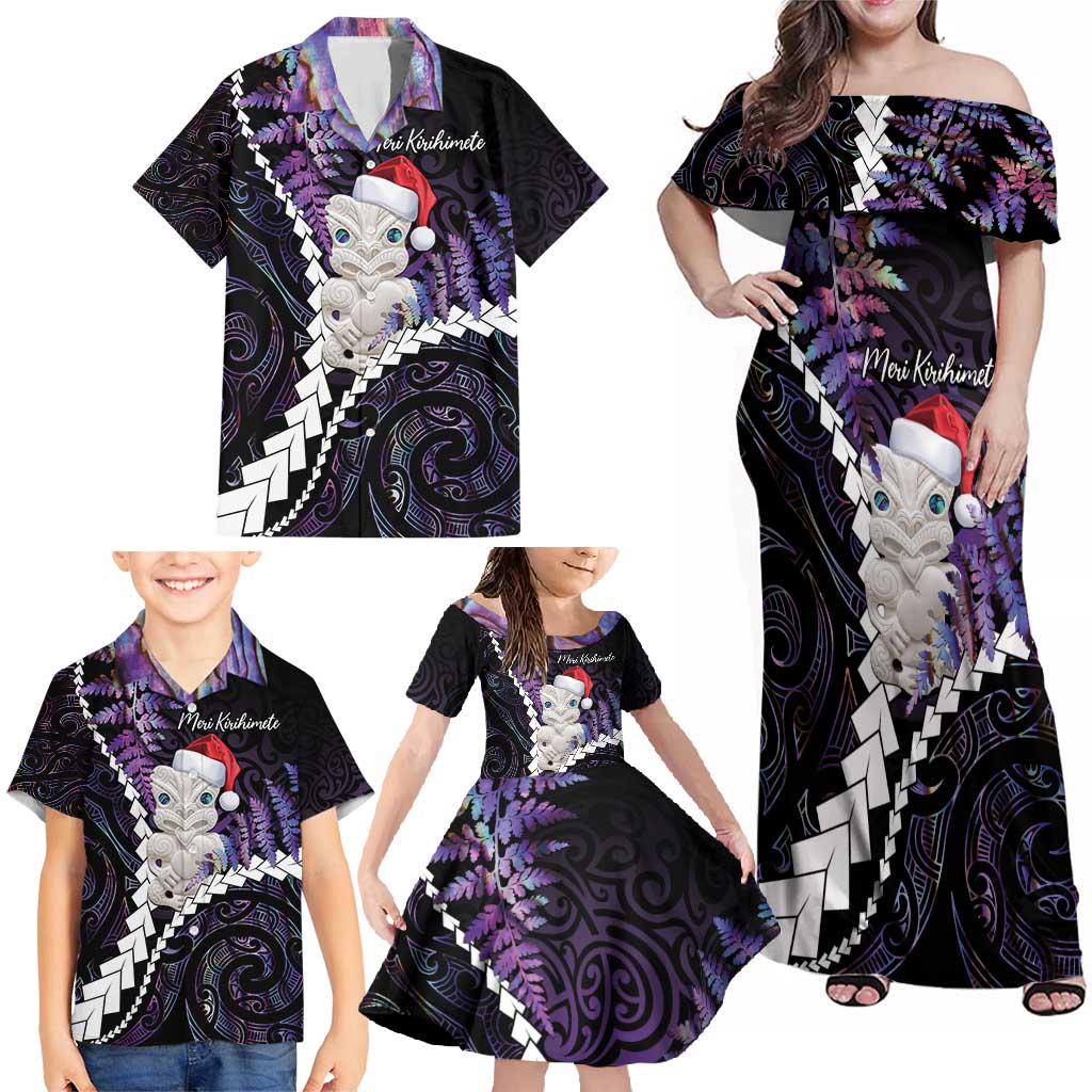 New Zealand Personalised Family Matching Off Shoulder Maxi Dress and Hawaiian Shirt Meri Kirihimete Kowhaiwhai Mix Paua Shell - Amethys