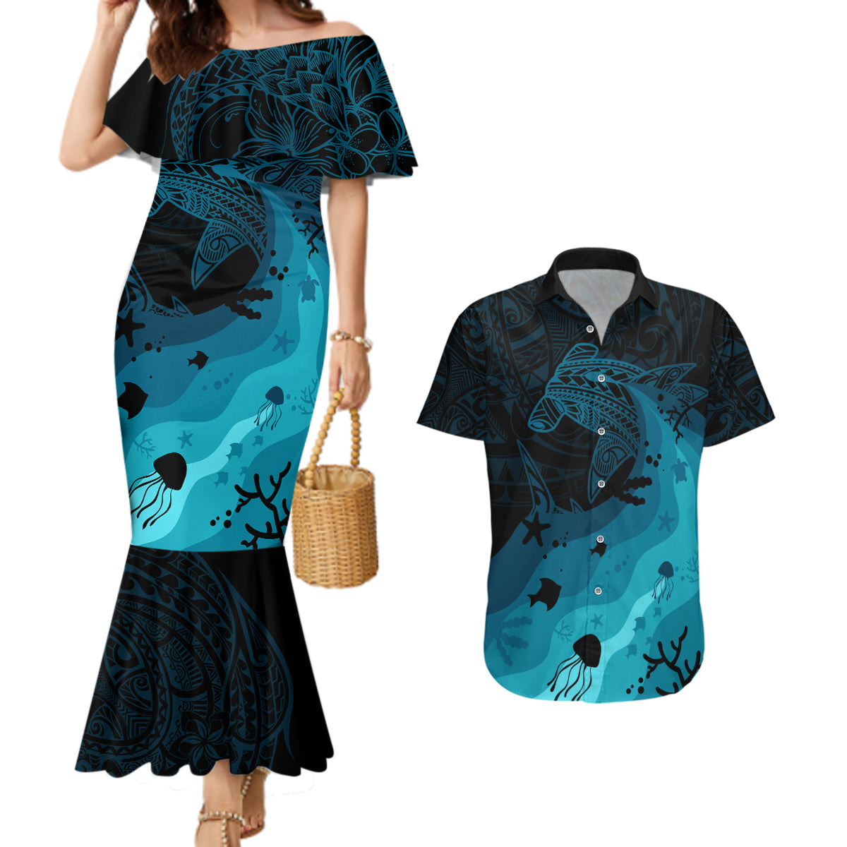 Polynesian Shark Couples Matching Mermaid Dress and Hawaiian Shirt Under The Waves LT7 Dark Blue - Polynesian Pride