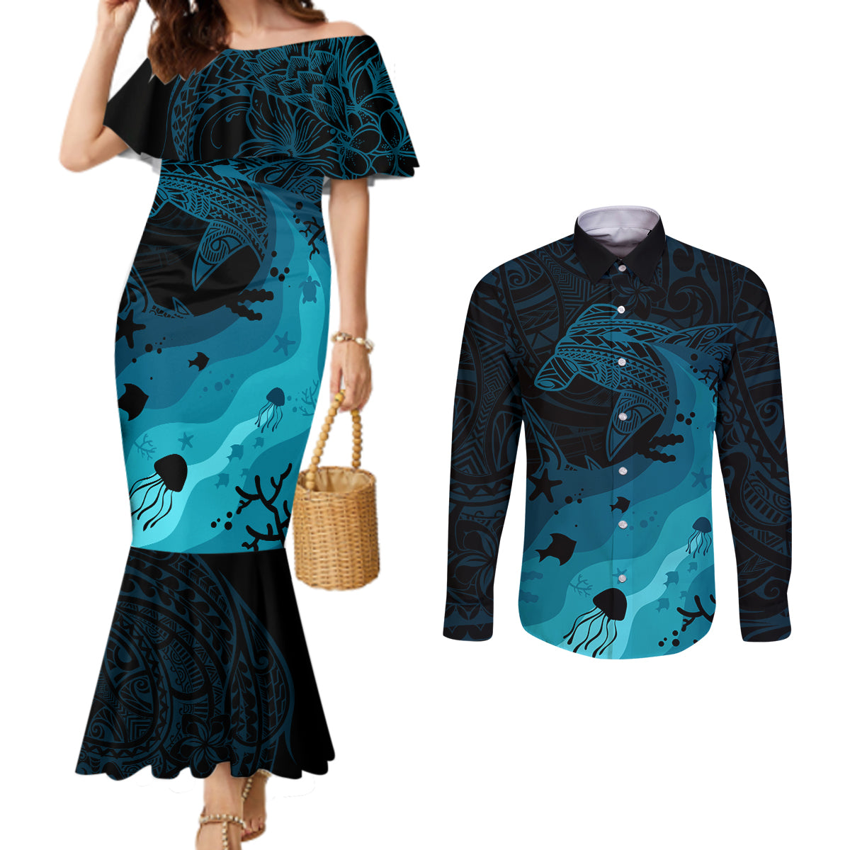 Polynesian Shark Couples Matching Mermaid Dress and Long Sleeve Button Shirt Under The Waves LT7 Dark Blue - Polynesian Pride