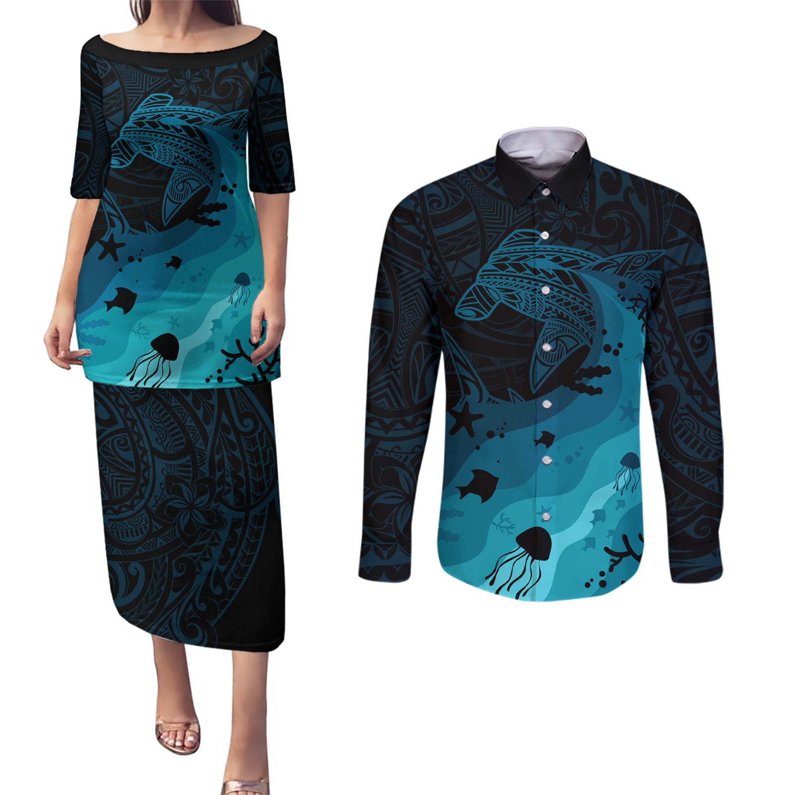 Polynesian Shark Couples Matching Puletasi Dress and Long Sleeve Button Shirt Under The Waves LT7 Dark Blue - Polynesian Pride