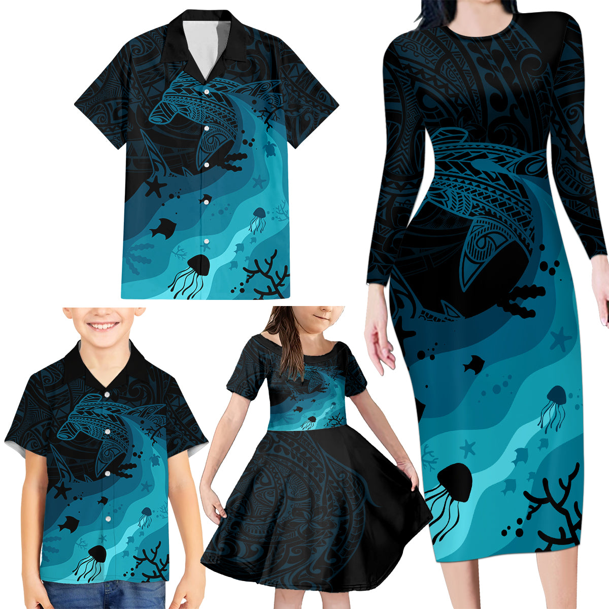 Polynesian Shark Family Matching Long Sleeve Bodycon Dress and Hawaiian Shirt Under The Waves LT7 - Polynesian Pride