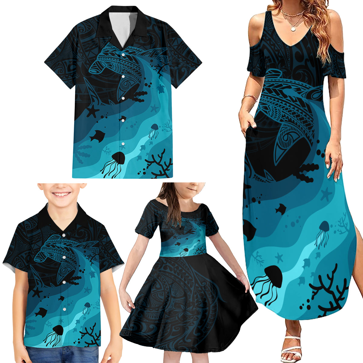 Polynesian Shark Family Matching Summer Maxi Dress and Hawaiian Shirt Under The Waves LT7 - Polynesian Pride