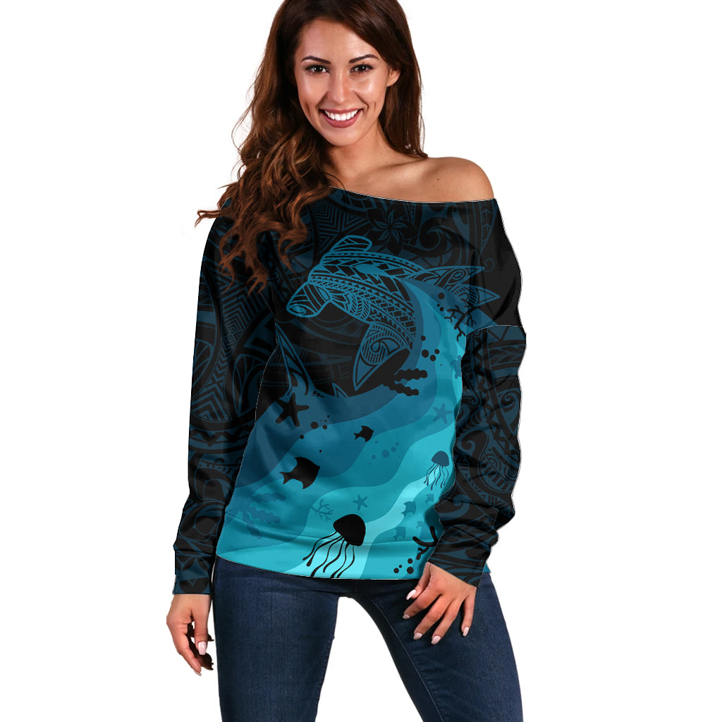 Polynesian Shark Off Shoulder Sweater Under The Waves LT7 Women Dark Blue - Polynesian Pride