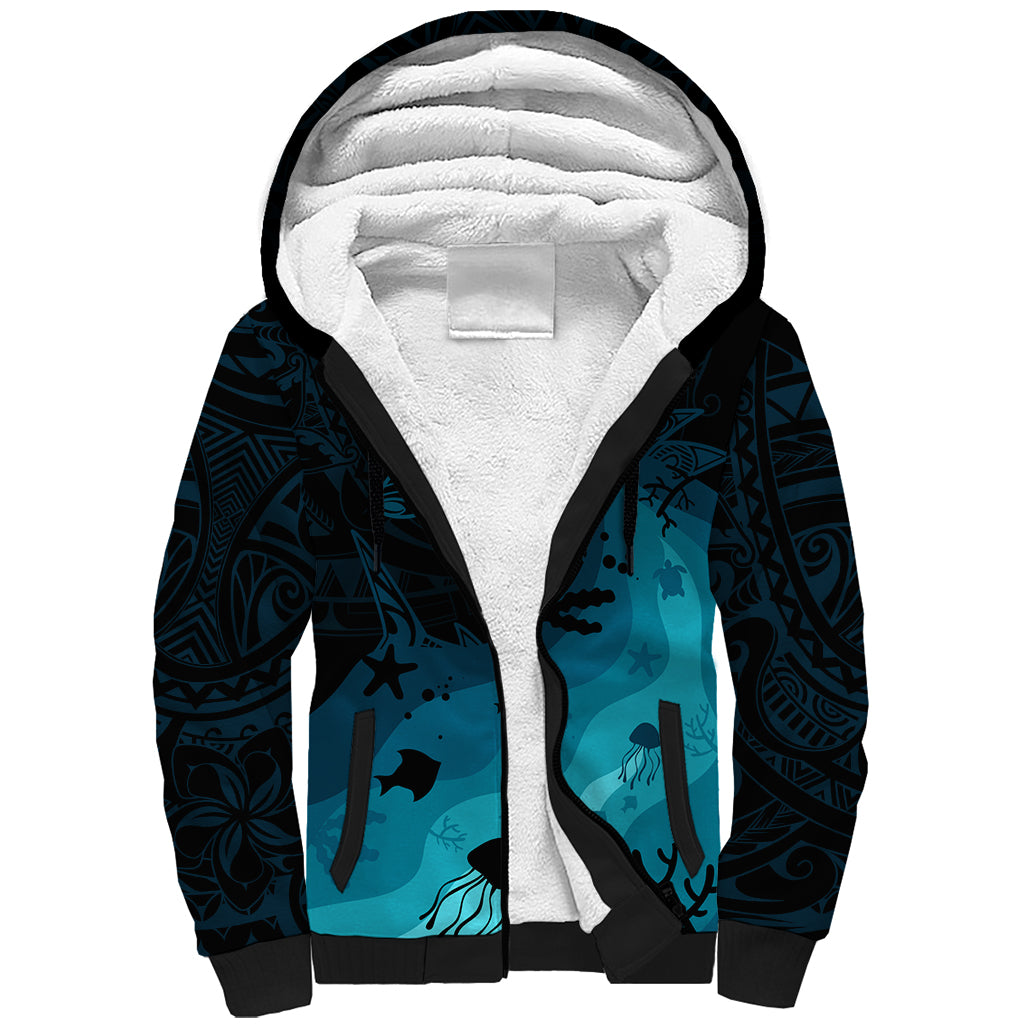 Polynesian Shark Sherpa Hoodie Under The Waves LT7 Unisex Dark Blue - Polynesian Pride