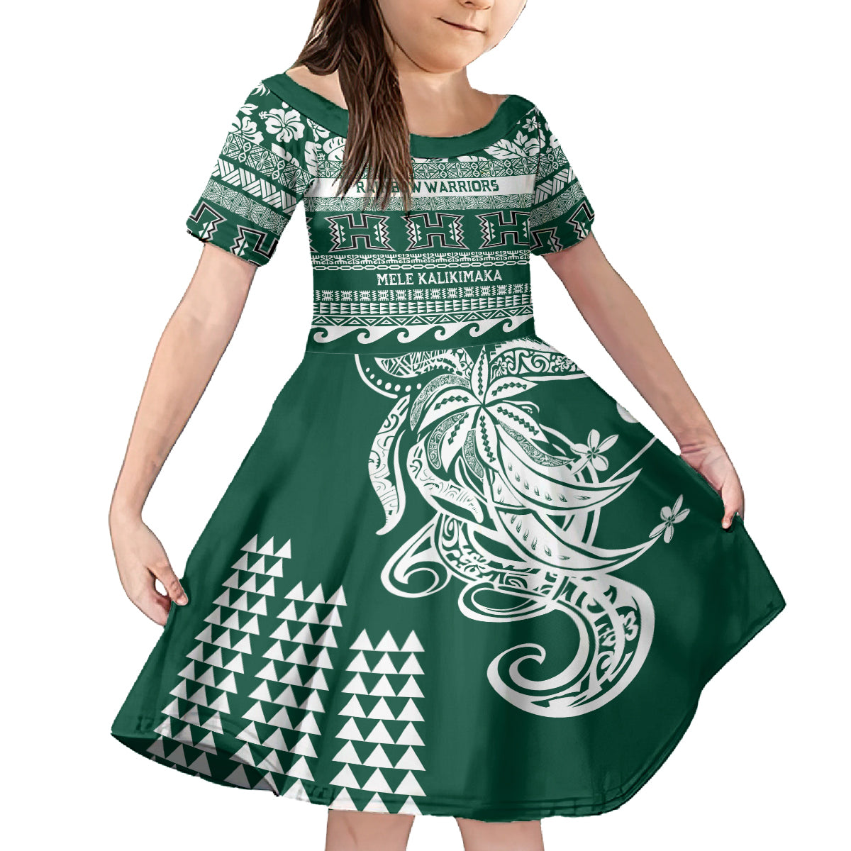 Hawaii Rainbow Warriors Christmas Kid Short Sleeve Dress Kakau Motifs LT7 KID Green - Polynesian Pride