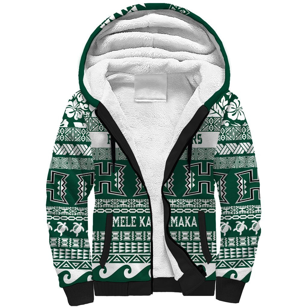 Hawaii Rainbow Warriors Christmas Sherpa Hoodie Kakau Motifs LT7 Unisex Green - Polynesian Pride