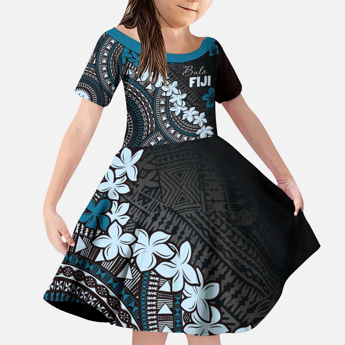 Bula Fiji Women's Day Kid Short Sleeve Dress Indigo Masi Tapa LT7 KID Indigo - Polynesian Pride