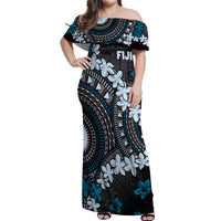 Bula Fiji Women's Day Off Shoulder Maxi Dress Indigo Masi Tapa LT7 Women Indigo - Polynesian Pride