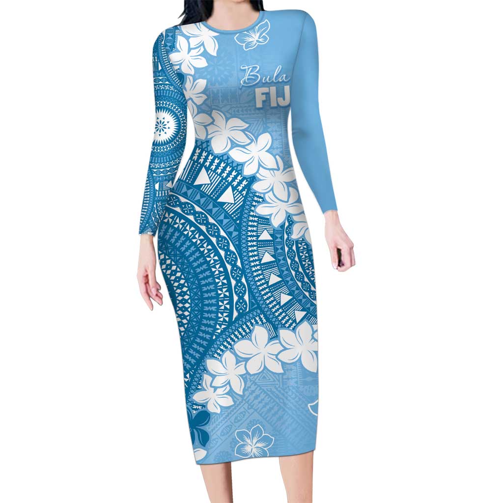 Bula Fiji Women's Day Long Sleeve Bodycon Dress Turquoise Masi Tapa LT7 Long Dress Turquoise - Polynesian Pride