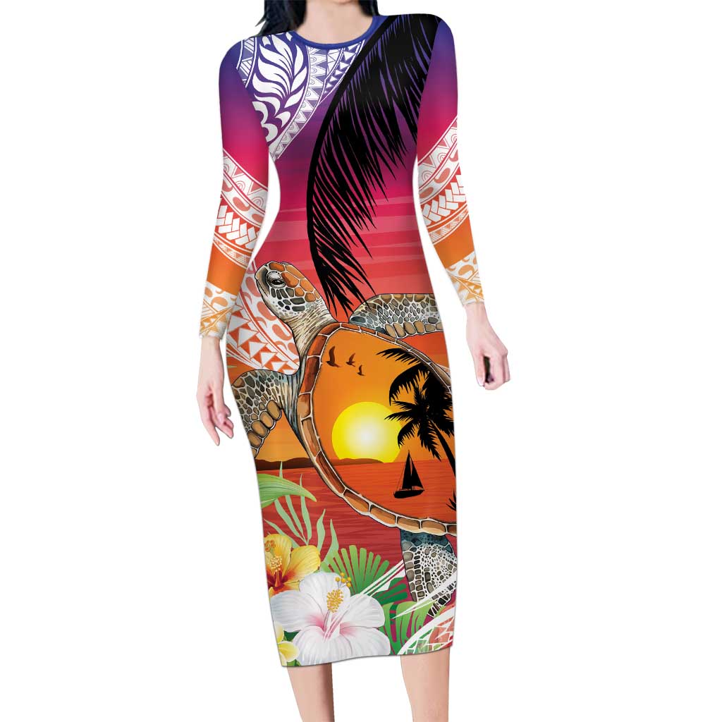 Polynesian Dreamy Turtle Long Sleeve Bodycon Dress Sunset Scenery