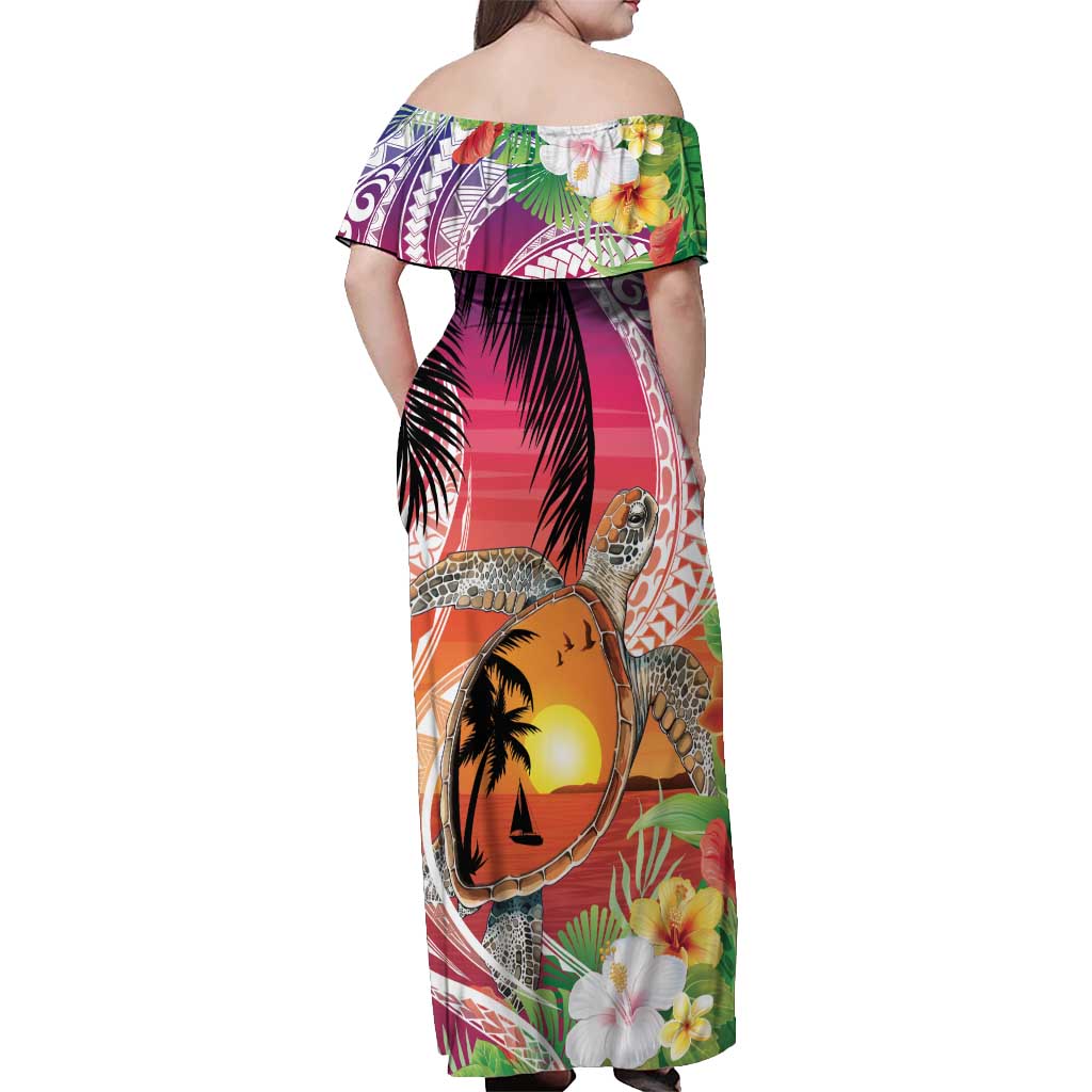 Polynesian Dreamy Turtle Off Shoulder Maxi Dress Sunset Scenery LT7 - Polynesian Pride