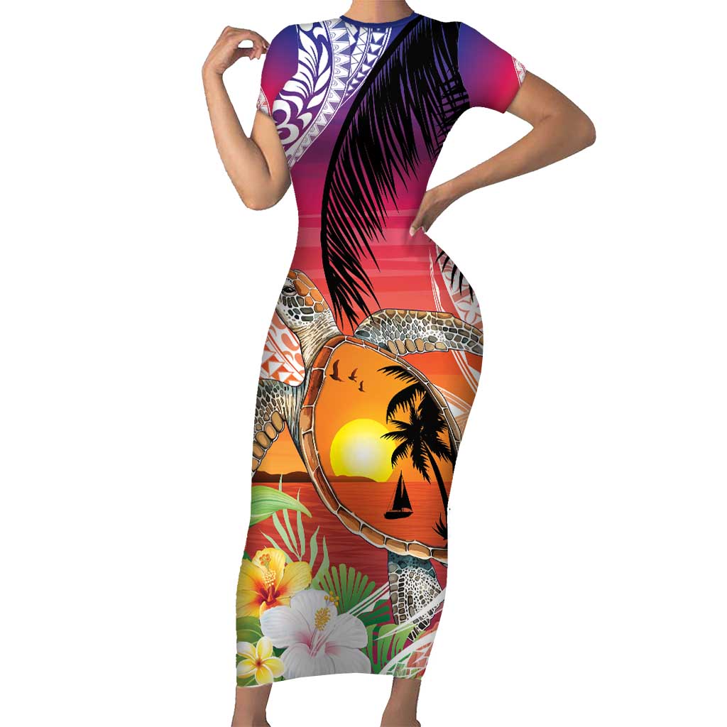 Polynesian Dreamy Turtle Short Sleeve Bodycon Dress Sunset Scenery