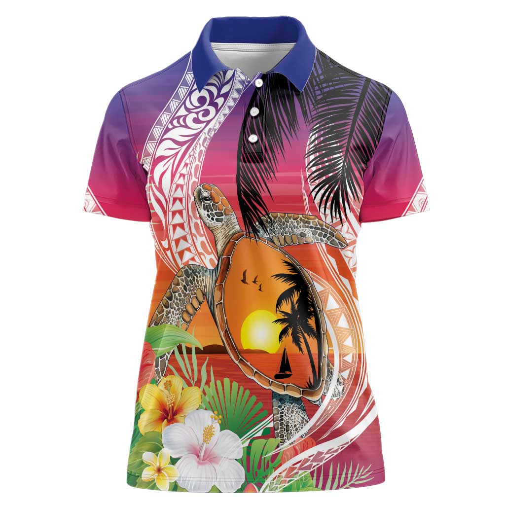 Polynesian Dreamy Turtle Women Polo Shirt Sunset Scenery