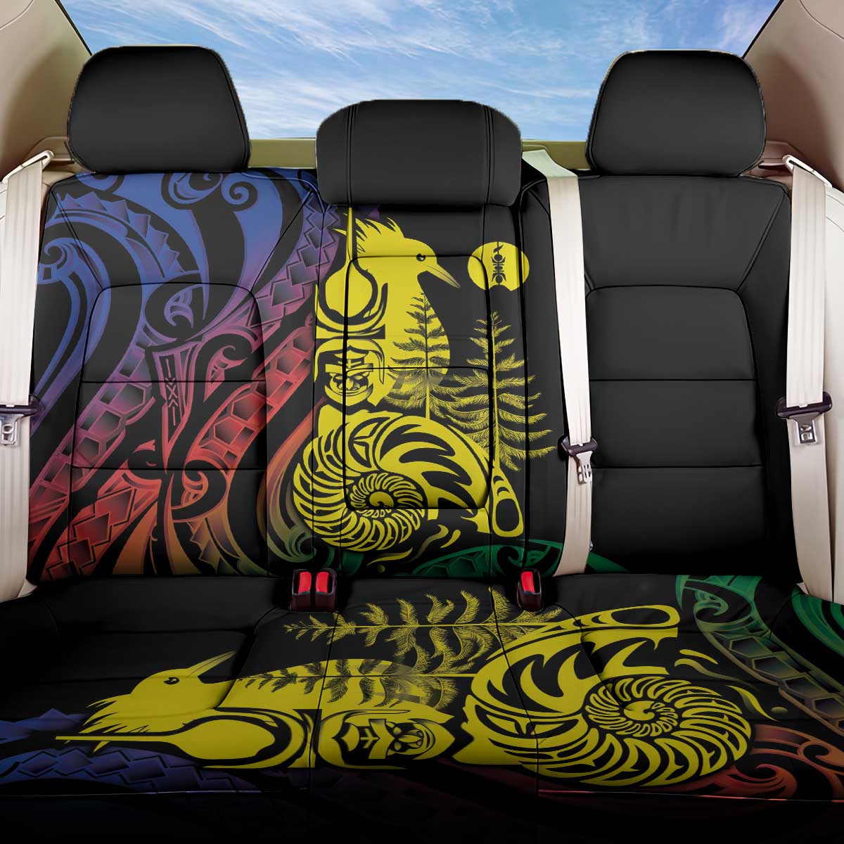 New Caledonia Kanaky Back Car Seat Cover Stylized Fleche Faitiere With Kagu Bird LT7 One Size Black - Polynesian Pride