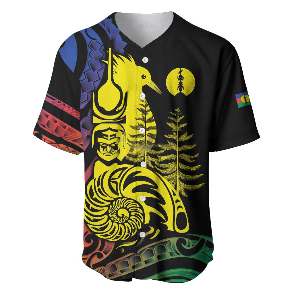 New Caledonia Kanaky Baseball Jersey Stylized Fleche Faitiere With Kagu Bird LT7 Black - Polynesian Pride