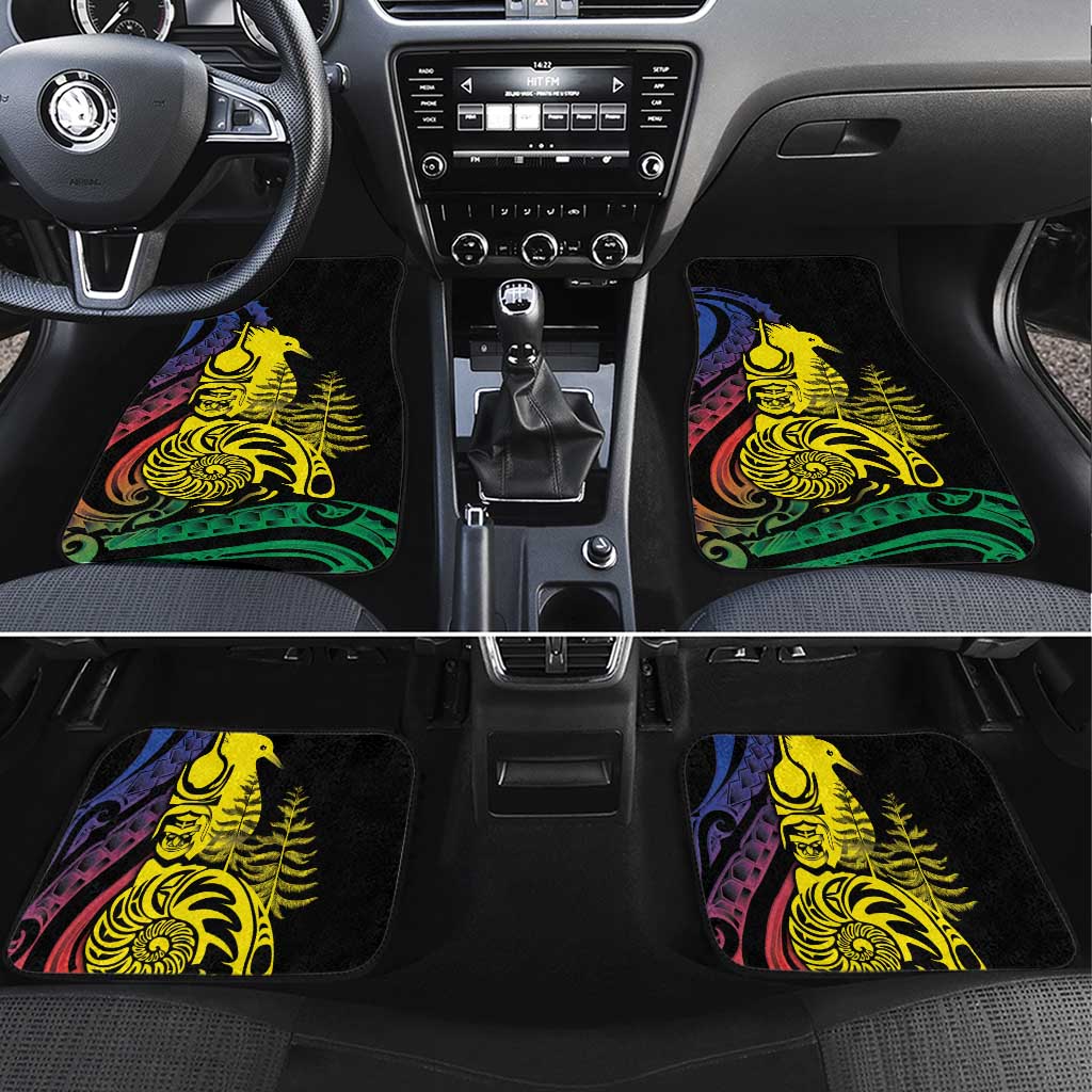 New Caledonia Kanaky Car Mats Stylized Fleche Faitiere With Kagu Bird LT7 Set 4pcs Black - Polynesian Pride