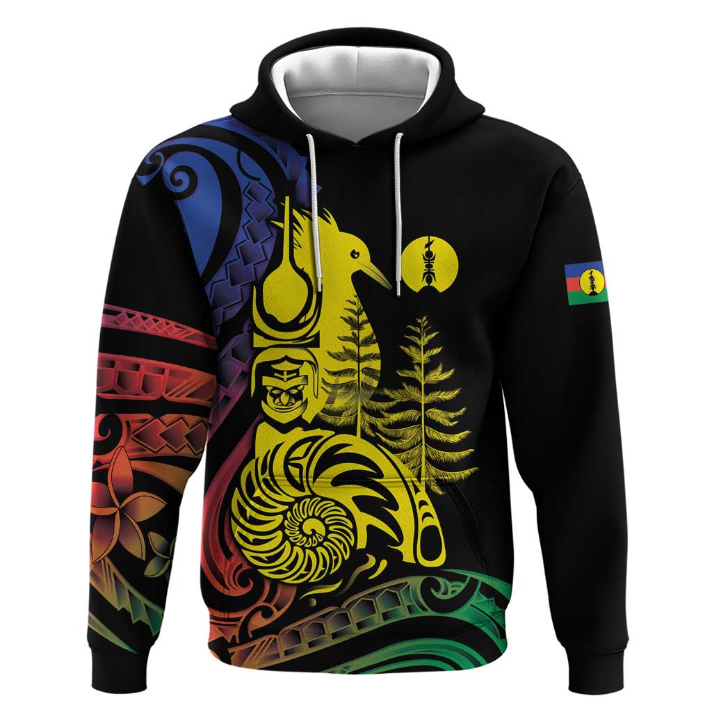 New Caledonia Kanaky Hoodie Stylized Fleche Faitiere With Kagu Bird LT7 Pullover Hoodie Black - Polynesian Pride