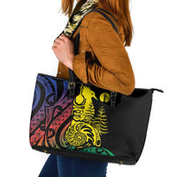 New Caledonia Kanaky Leather Tote Bag Stylized Fleche Faitiere With Kagu Bird LT7 Black - Polynesian Pride