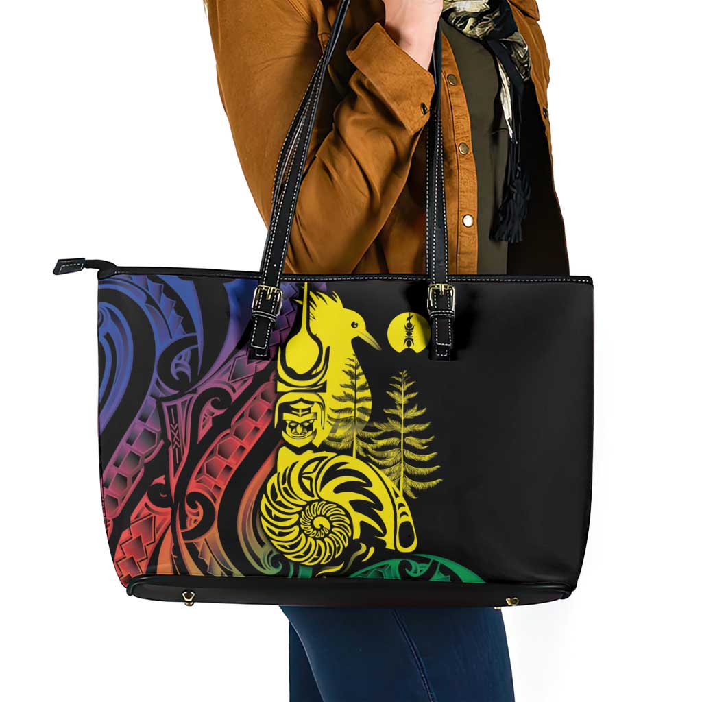 New Caledonia Kanaky Leather Tote Bag Stylized Fleche Faitiere With Kagu Bird LT7 - Polynesian Pride