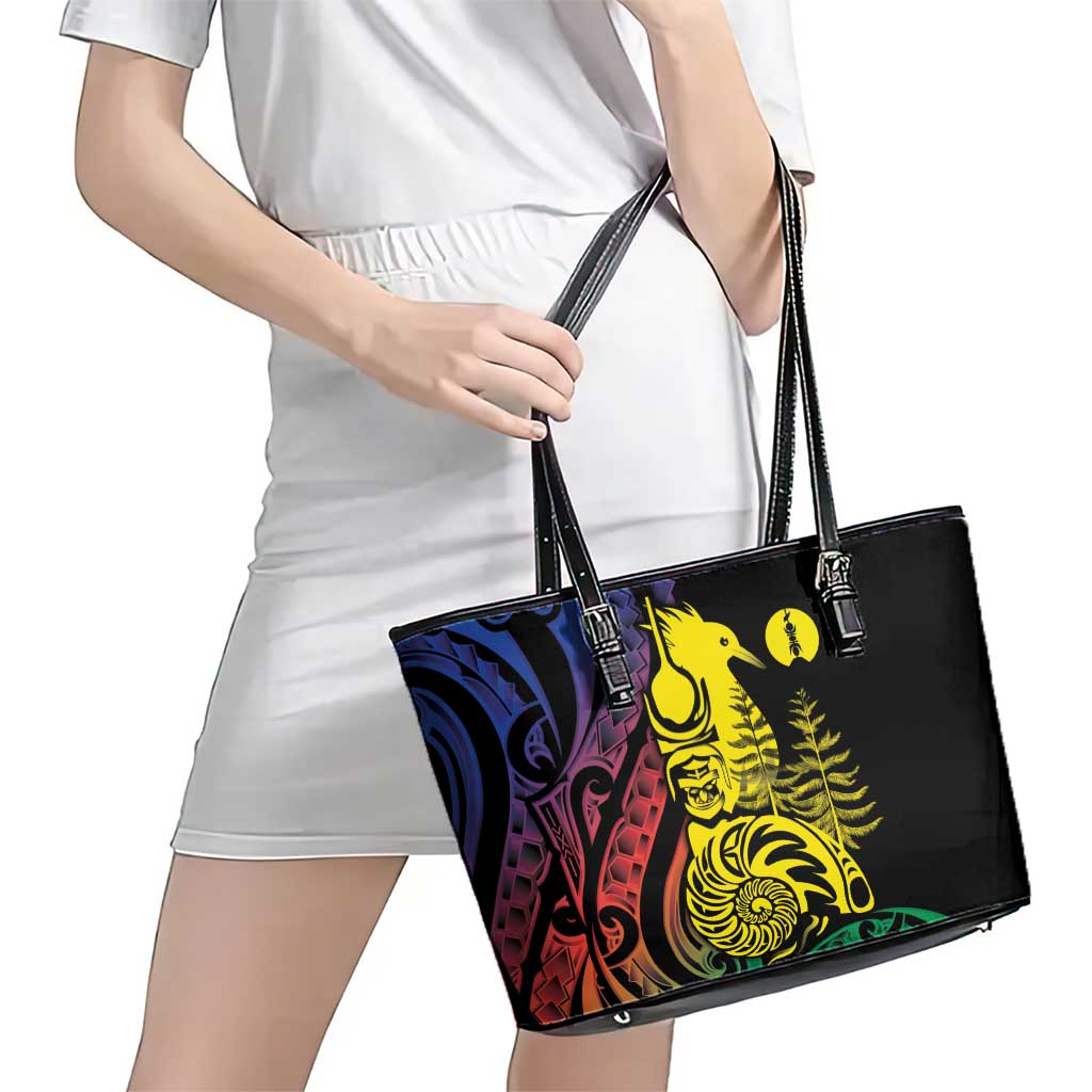 New Caledonia Kanaky Leather Tote Bag Stylized Fleche Faitiere With Kagu Bird LT7 - Polynesian Pride