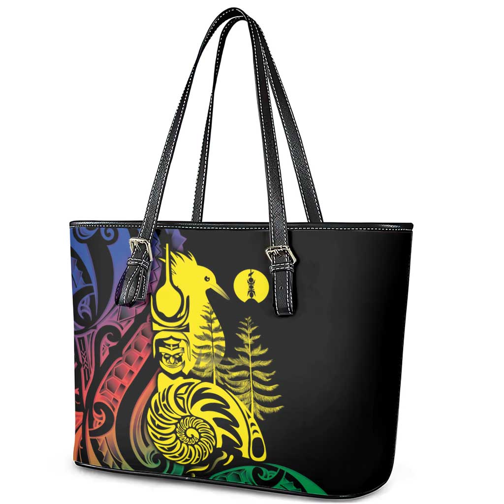 New Caledonia Kanaky Leather Tote Bag Stylized Fleche Faitiere With Kagu Bird LT7 - Polynesian Pride