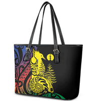 New Caledonia Kanaky Leather Tote Bag Stylized Fleche Faitiere With Kagu Bird LT7 - Polynesian Pride