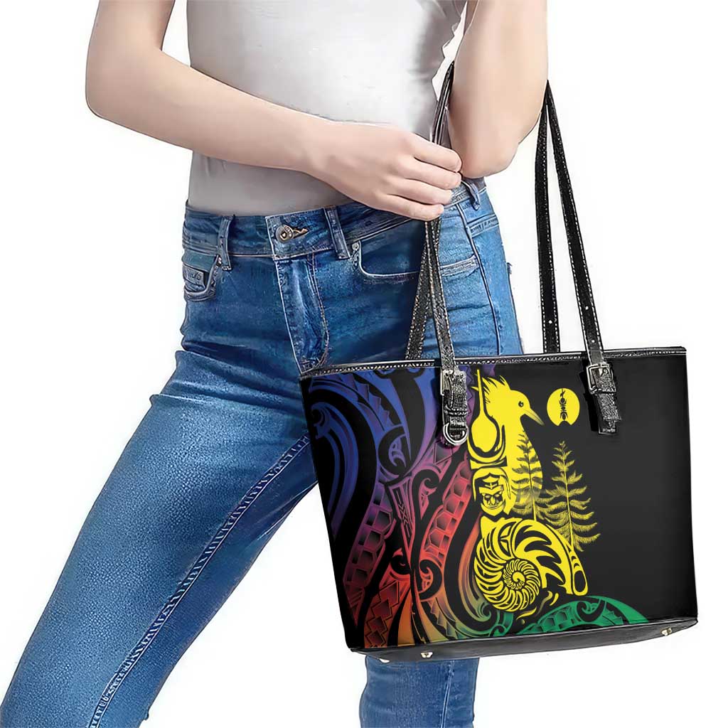 New Caledonia Kanaky Leather Tote Bag Stylized Fleche Faitiere With Kagu Bird LT7 - Polynesian Pride
