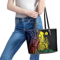 New Caledonia Kanaky Leather Tote Bag Stylized Fleche Faitiere With Kagu Bird LT7 - Polynesian Pride