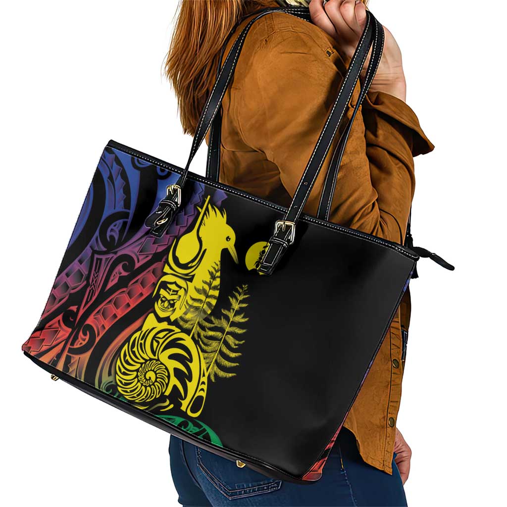 New Caledonia Kanaky Leather Tote Bag Stylized Fleche Faitiere With Kagu Bird LT7 - Polynesian Pride