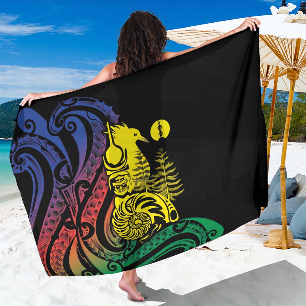 New Caledonia Kanaky Sarong Stylized Fleche Faitiere With Kagu Bird LT7 One Size 44 x 66 inches Black - Polynesian Pride