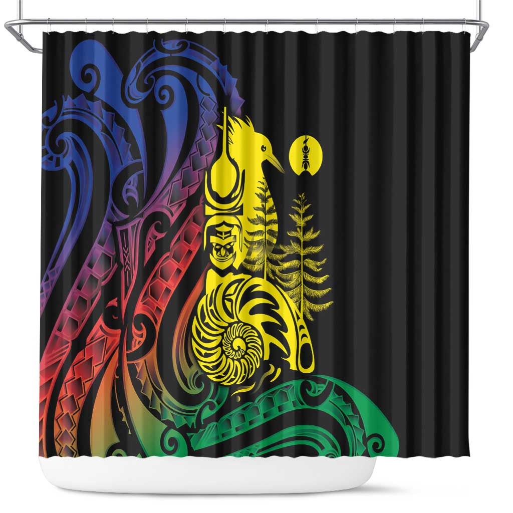 New Caledonia Kanaky Shower Curtain Stylized Fleche Faitiere With Kagu Bird LT7 Black - Polynesian Pride