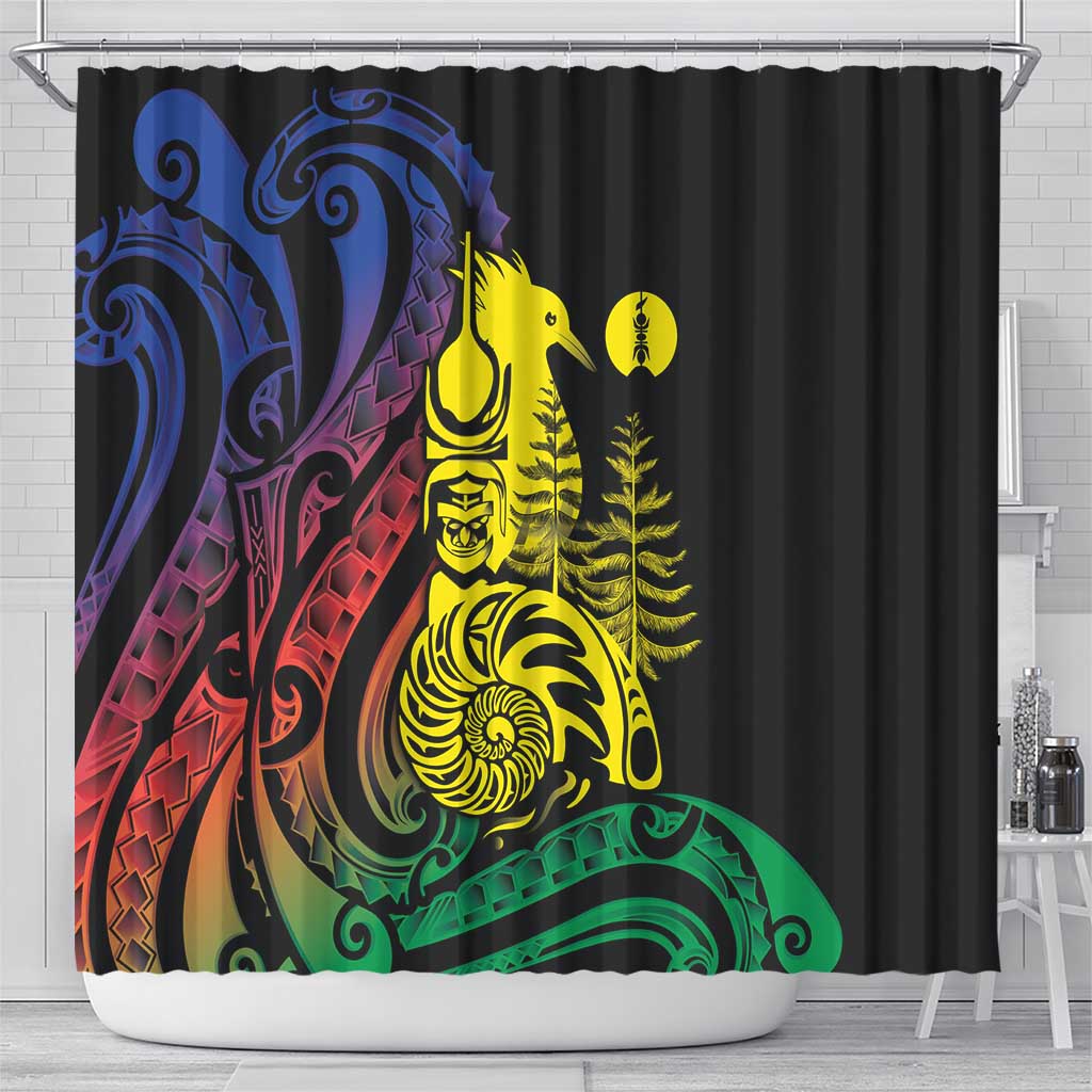 New Caledonia Kanaky Shower Curtain Stylized Fleche Faitiere With Kagu Bird LT7 - Polynesian Pride