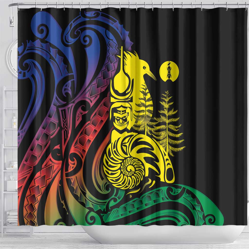 New Caledonia Kanaky Shower Curtain Stylized Fleche Faitiere With Kagu Bird LT7 - Polynesian Pride