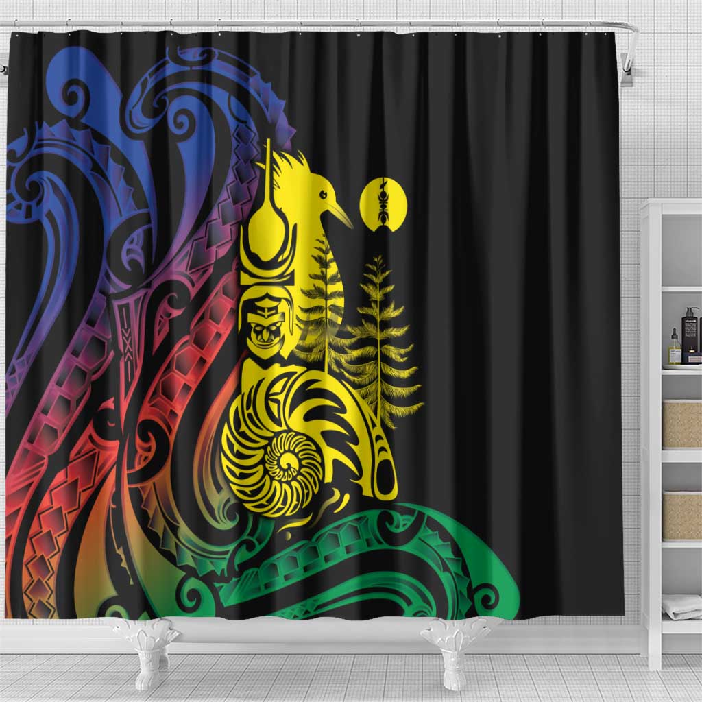 New Caledonia Kanaky Shower Curtain Stylized Fleche Faitiere With Kagu Bird LT7 - Polynesian Pride