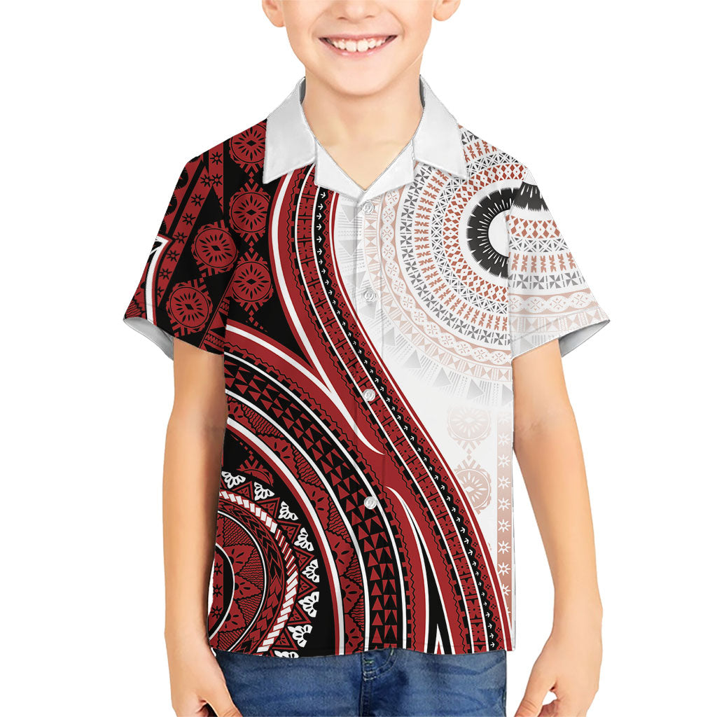 Bula Fiji Vintage Tapa Kid Hawaiian Shirt Kaivity Masi Wave Motifs - Red LT7 Kid Red - Polynesian Pride