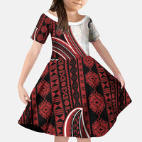 Bula Fiji Vintage Tapa Kid Short Sleeve Dress Kaivity Masi Wave Motifs - Red LT7 KID Red - Polynesian Pride