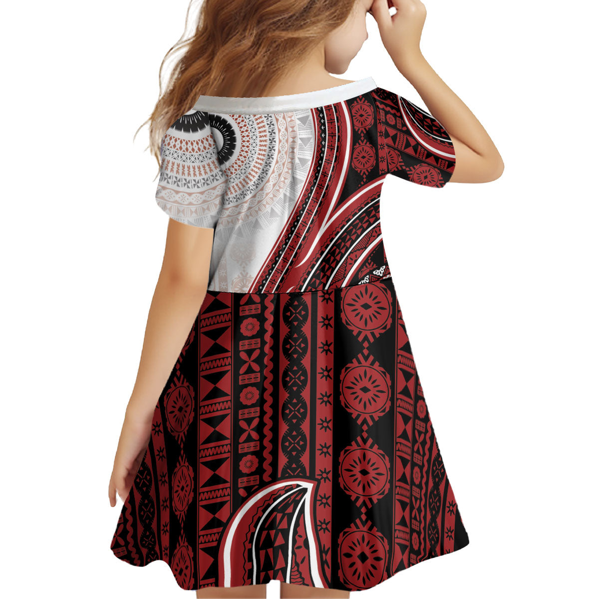Bula Fiji Vintage Tapa Kid Short Sleeve Dress Kaivity Masi Wave Motifs - Red LT7 - Polynesian Pride